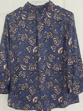 Classic Floral Mock-Neck Blouse - Navy Peach Size S